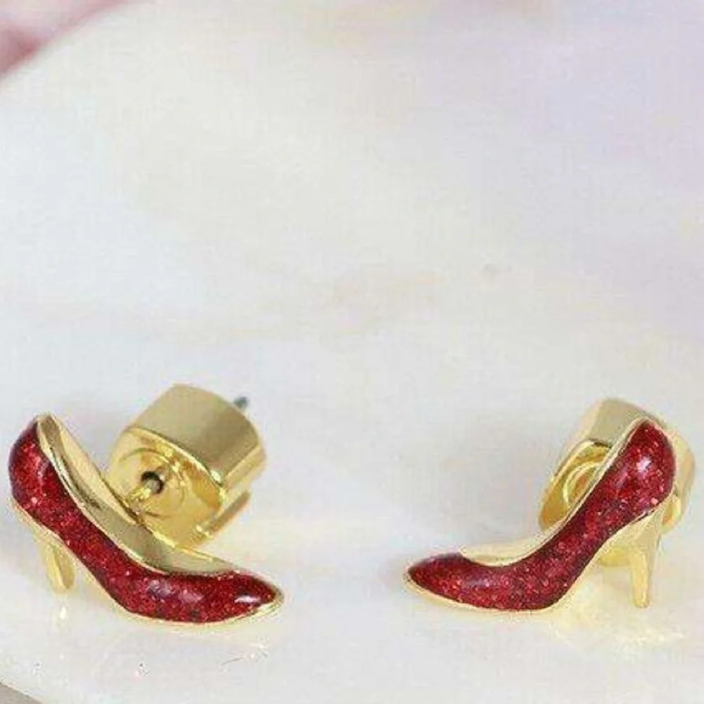 Kate Spade Authentic Red Glitter 12K Gold Plated High Heel Shoe Stud Earrings